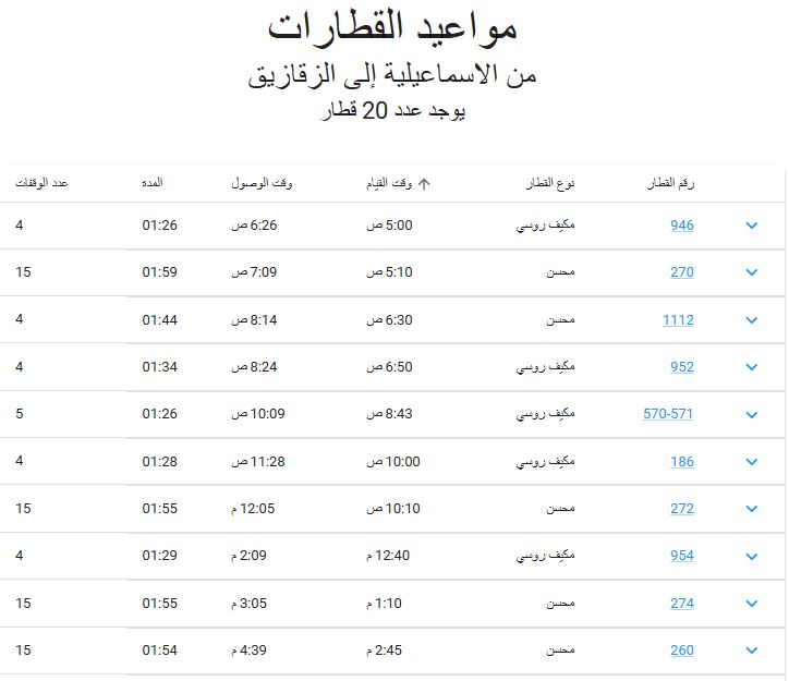 مواعيد قطارات الاسماعيلية الى الزقازيق