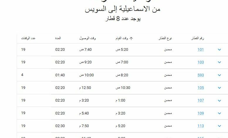 مواعيد قطارات الاسماعيلية السويس