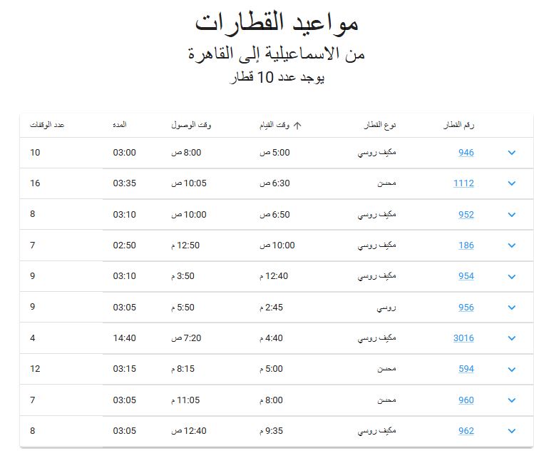 مواعيد القطارات من الاسماعيلية الى القاهرة 