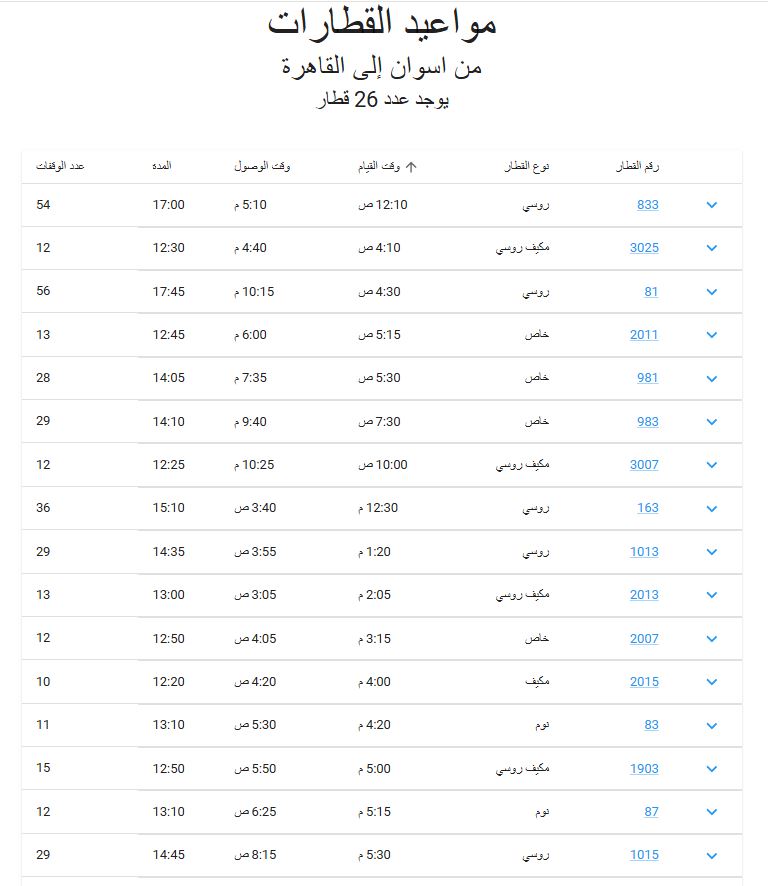 مواعيد قطارات VIp اسوان القاهرة 2025